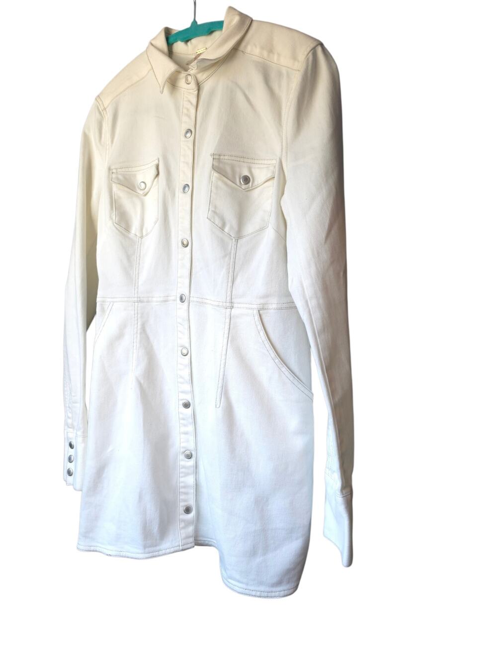 Free People Dynamite Denim Shirt Dress Ivory Cream S Snap Front Mini